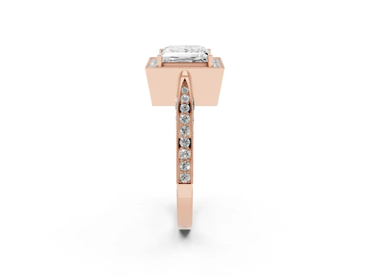 Princess Cut Halo Diamond Engagement Ring with Split Shank Band and Four-Prong Setting Rose gold