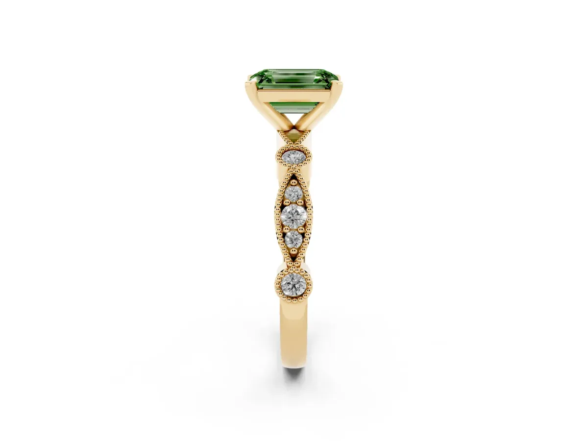 Fancy Green Emerald Cut Milgrain Bezel Diamond Engagement Ring with Solitaire Prong Setting Yellow gold