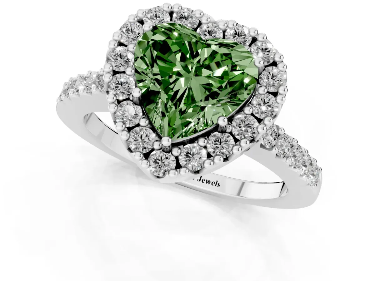 Fancy Green Heart Cut Halo Diamond Pavé Solitaire Ring Silver
