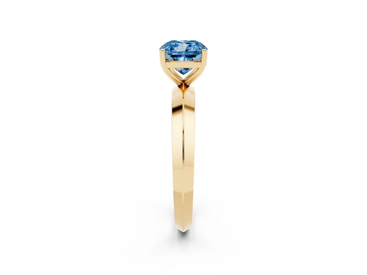 Fancy Blue Cushion Cut Cut Solitaire Engagement Ring with Flat Band and Four-Prong Setting Yellow gold