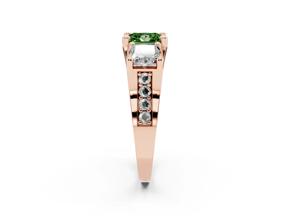Fancy Green Princess Cut Diamond Three-Stone Ring with Channel Set Band and Four-Prong Setting Rose gold