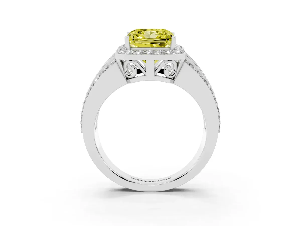 Fancy Yellow Princess Cut Halo Diamond Ring with Round Split Shank and Prong Setting Silver