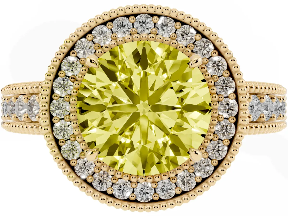 Fancy Yellow Round Cut Cut Halo Diamond Ring with Pavé Band and Four-Prong Setting Yellow gold
