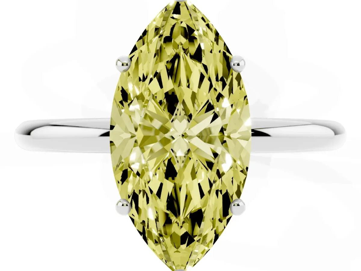 Fancy Yellow Marquise Cut Solitaire Diamond Ring with a Classic Band and Four-Prong Setting Platinum