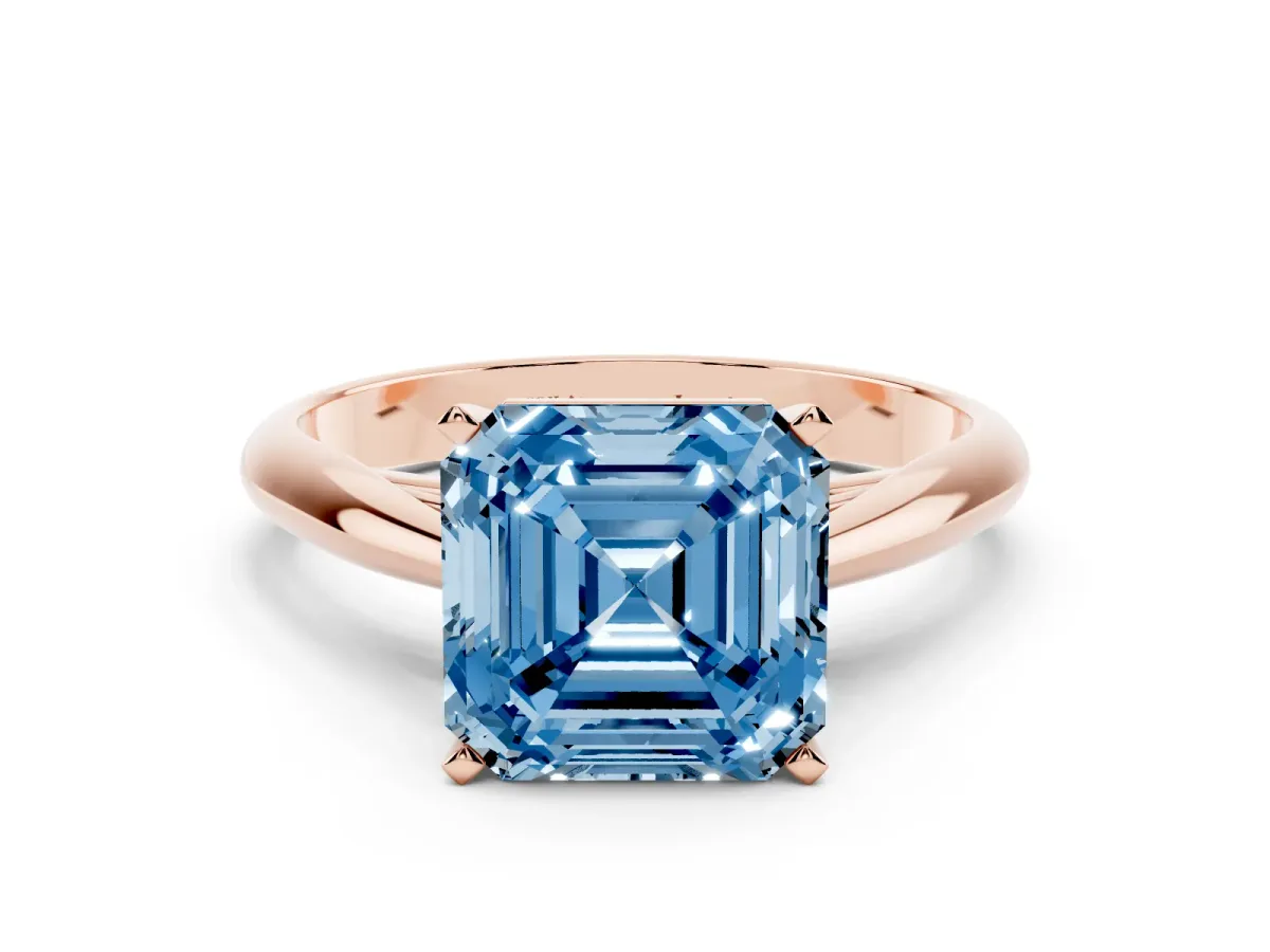 Fancy Blue Asscher Cut Diamond Solitaire Engagement Ring with Cathedral Setting and Four-Prong Mount Rose gold