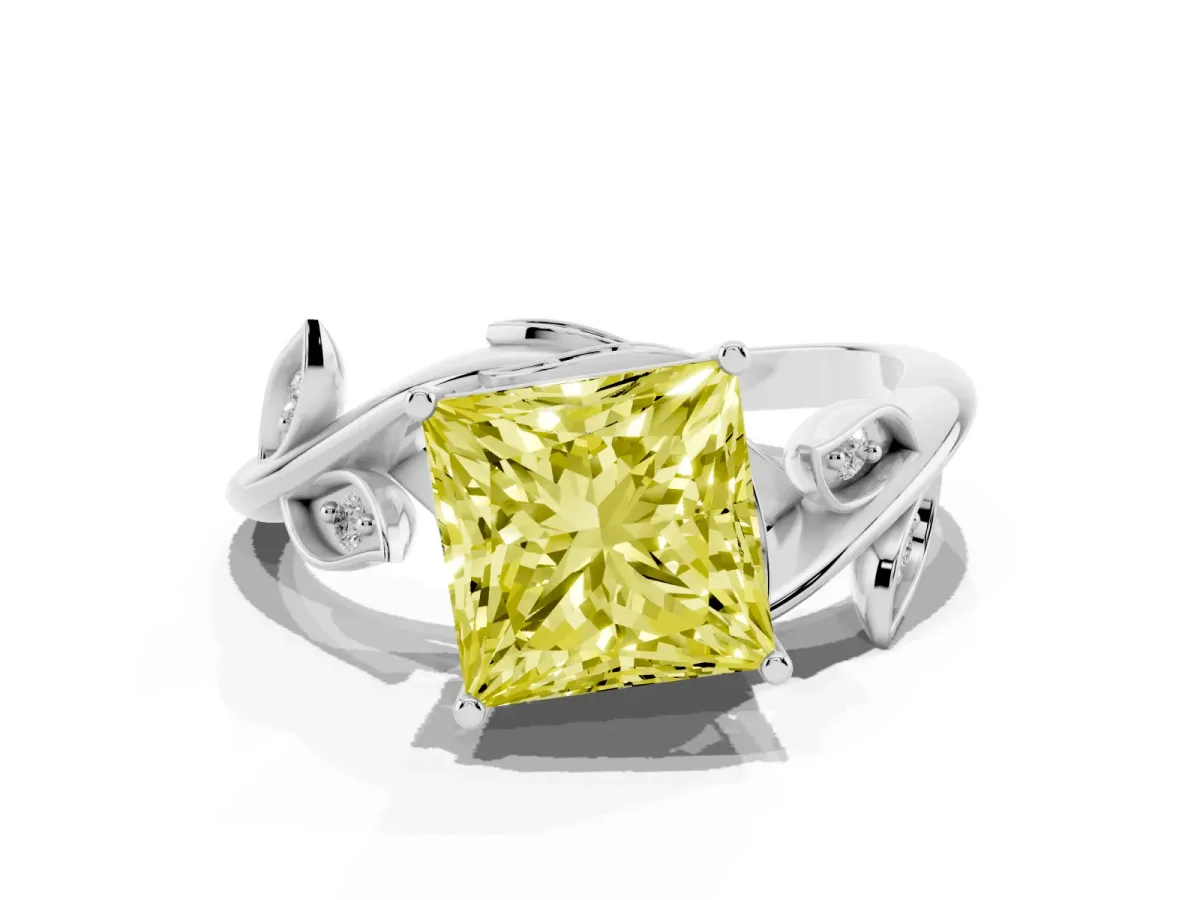 Fancy Yellow Princess Cut Solitaire Twist Engagement Ring with Leaf Accents and Prong Setting Silver