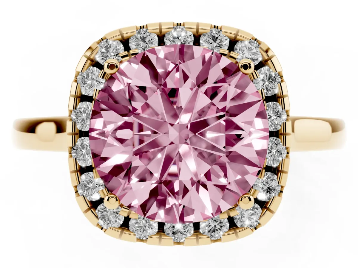 Fancy Pink Round Cut Halo Round Diamond Solitaire Ring with Pavé Band and Four-Prong Setting Yellow gold