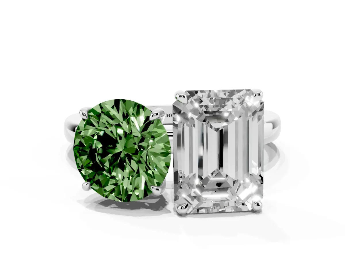 Fancy Green Round Cut and Emerald Cut Toi Moi Ring with Prong Setting Platinum