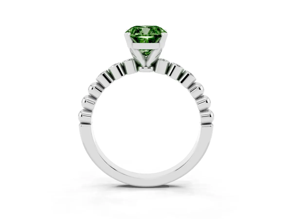 Fancy Green Cushion Cut Solitaire Bezel Accent Diamond Engagement Ring with Beaded Band and Four-Prong Setting Silver