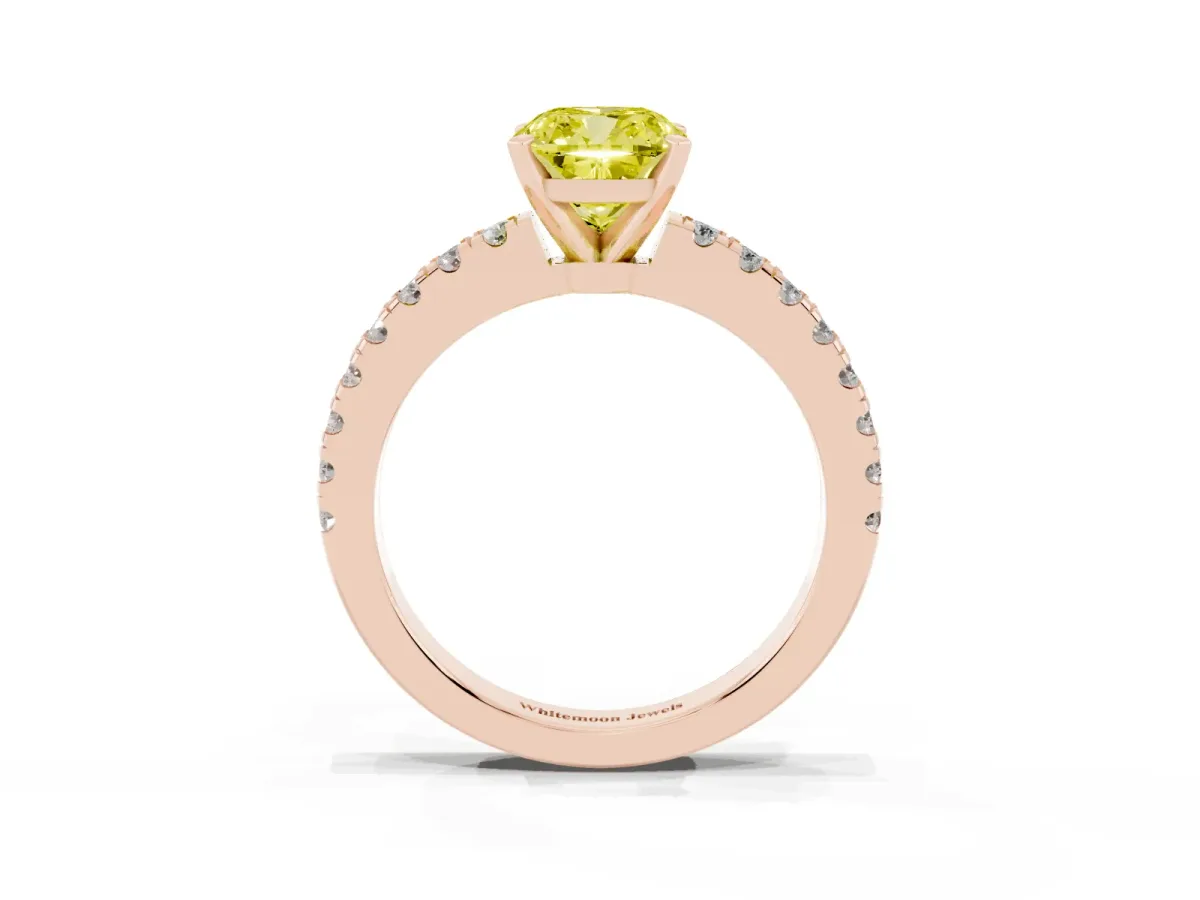 Fancy Yellow Cushion Cut Solitaire Diamond with Pavé Band and Four-Prong Setting Rose gold