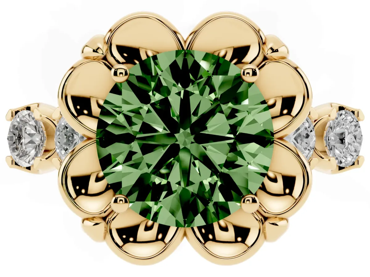 Fancy Green Round Cut Cut Diamond Floral Halo Engagement Ring with Shared Prong Setting Yellow gold