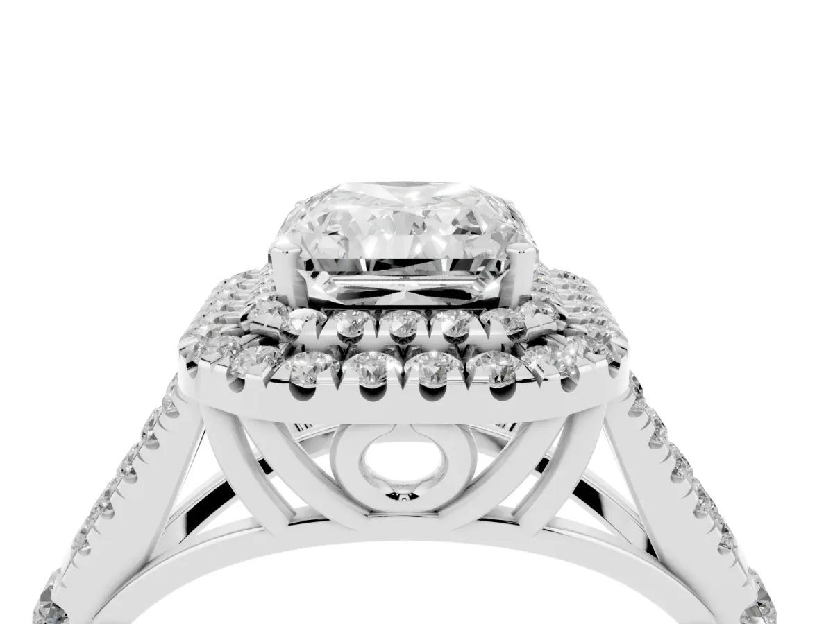 Radiant Cut Diamond Double Halo Ring with Split Shank and Prong Setting Platinum