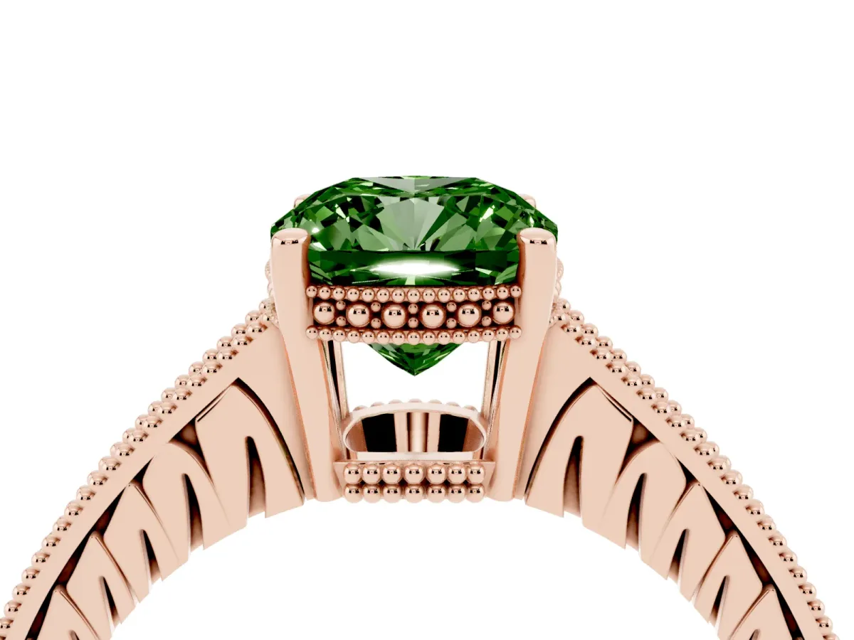 Fancy Green Cushion Cut Solitaire Pavé Diamond Milgrain Engagement Ring with Four-Prong Setting Rose gold