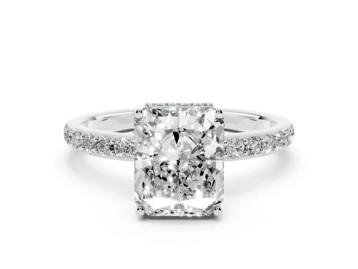 Radiant Cut Diamond Solitaire Ring with Pavé Band and Hidden Halo Silver
