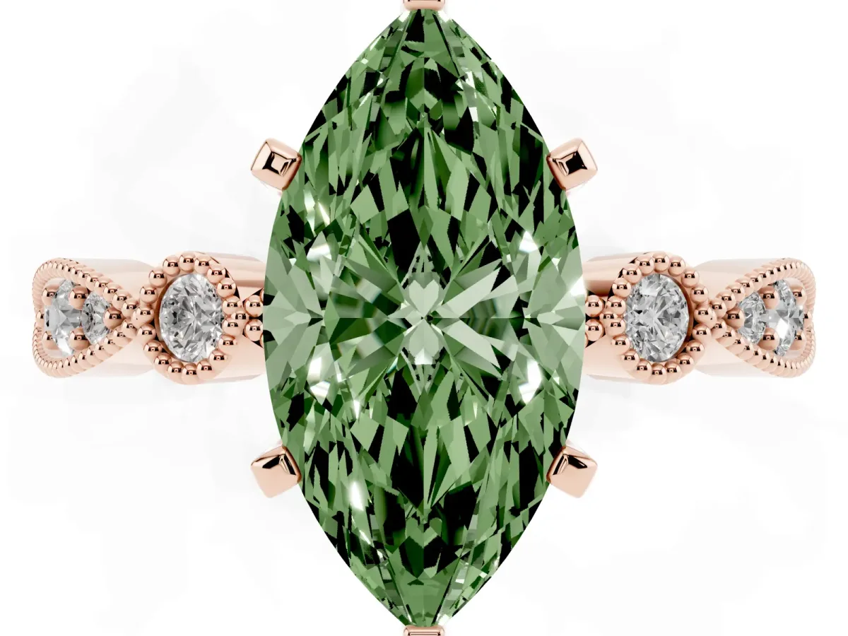 Fancy Green Marquise Cut Milgrain Bezel Diamond Engagement Ring with Solitaire Prong Setting Rose gold