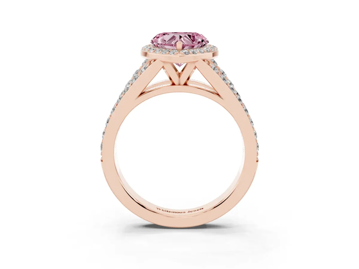 Fancy Pink Heart Cut Diamond Split Shank Halo Ring with Four-Prong Setting Rose gold