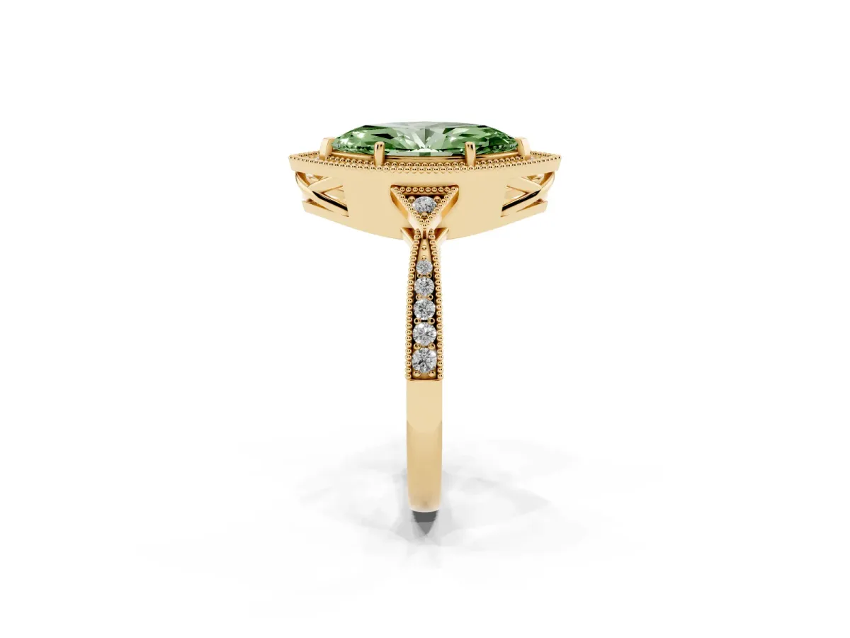 Fancy Green Marquise Cut Halo Round Diamond Milgrain Pave Engagement Ring Yellow gold