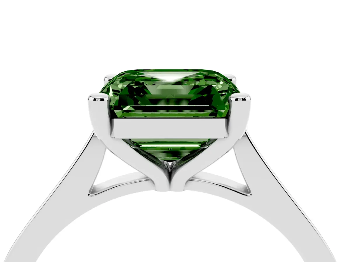Fancy Green Asscher Cut Solitaire Diamond Ring with Four-Prong Setting and Tapered Band Silver