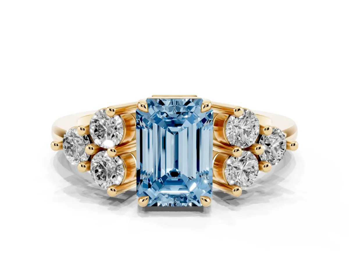 Fancy Blue Emerald Cut Brilliant Diamond Cluster Accent Solitaire Ring with Prong Setting Yellow gold