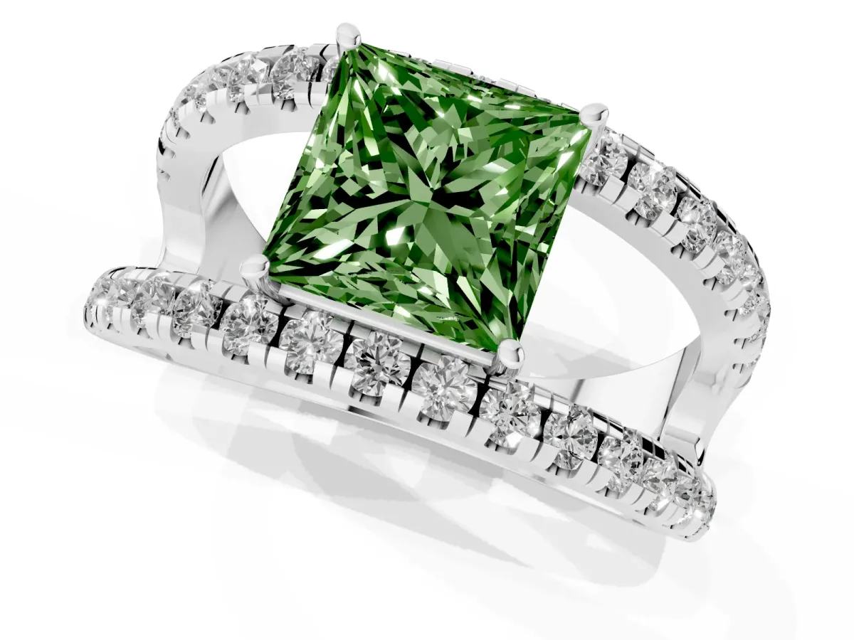 Fancy Green Princess Cut Solitaire Split Shank Pave Diamond Ring Platinum