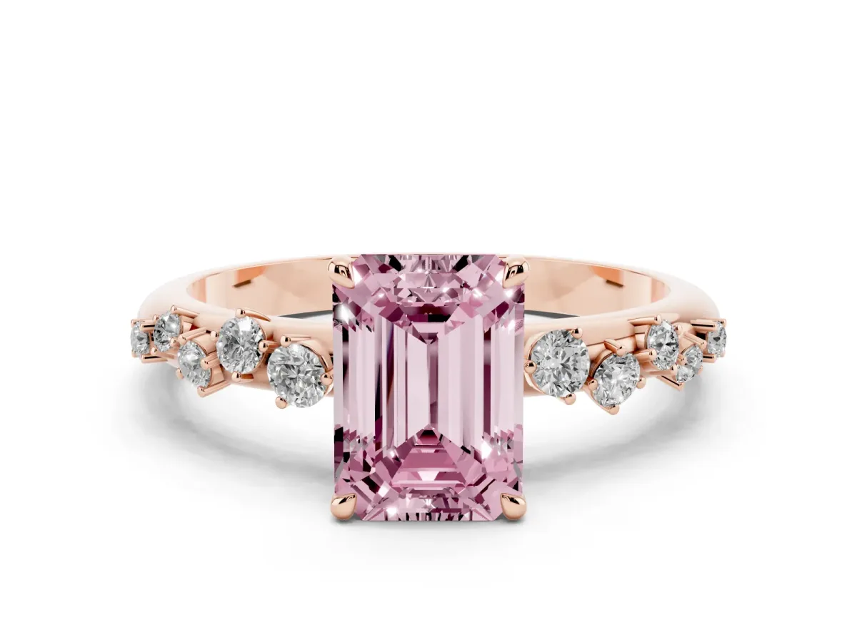 Fancy Pink Emerald Cut Diamond Cluster Prong-Set Solitaire Ring Rose gold
