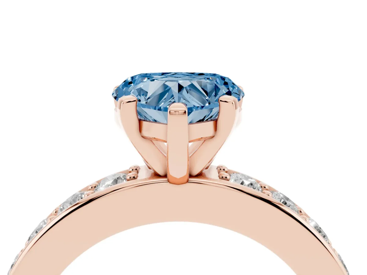 Fancy Blue Heart Cut Diamond Engagement Ring with Channel Set Round Band and Prong Setting Rose gold