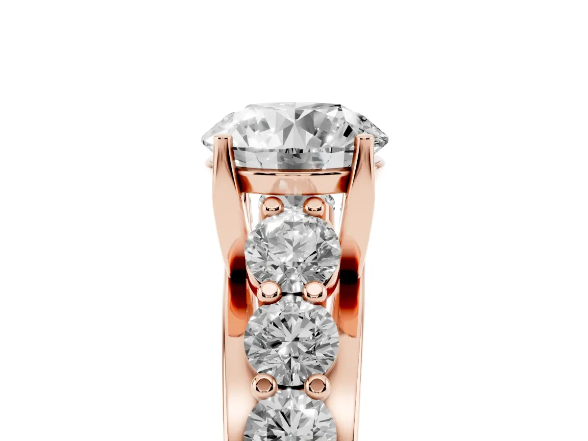 Round Cut Diamond Engagement Ring with Pavé Band and Four-Prong Setting Rose gold
