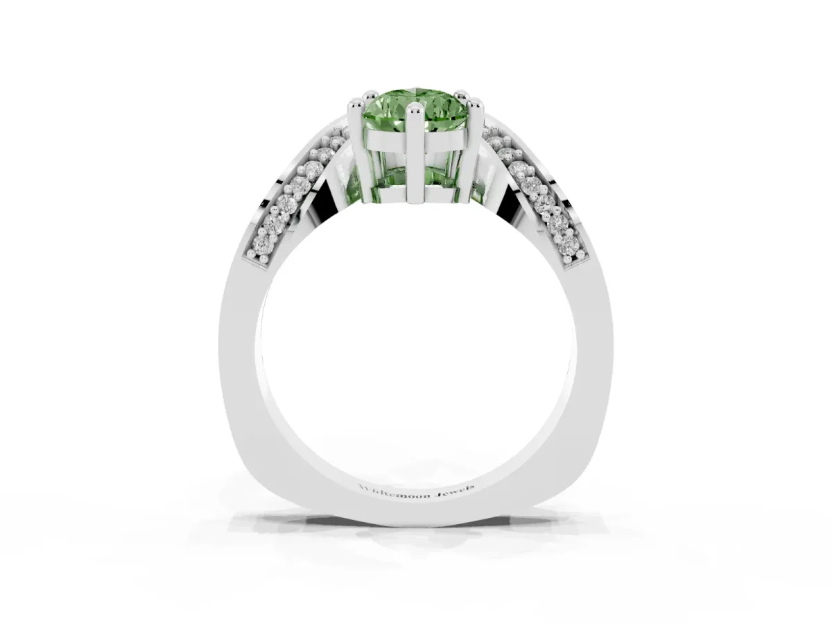 Fancy Green Pear Cut Solitaire Diamond Engagement Ring with Pave Band and Four-Prong Setting White gold