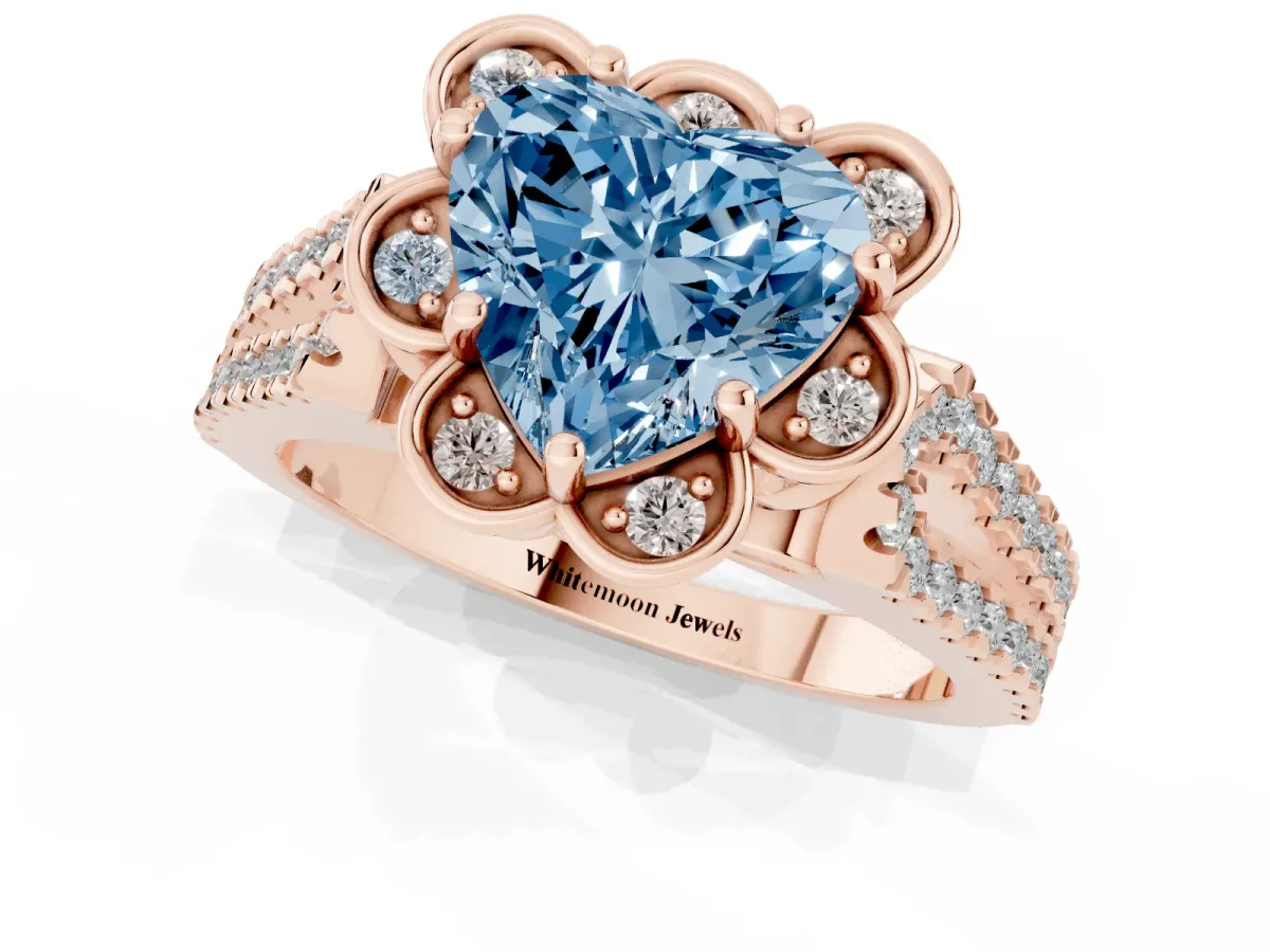 Fancy Blue Heart Cut Halo Diamond Floral Split Shank Engagement Ring Rose gold