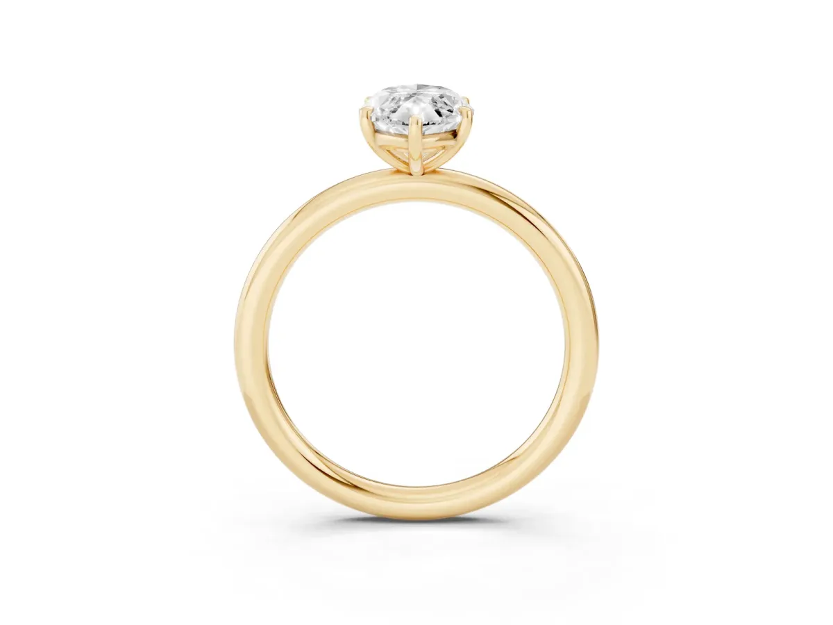 Oval Cut Solitaire Diamond Ring with Four-Prong Setting on a Plain Band Yellow gold