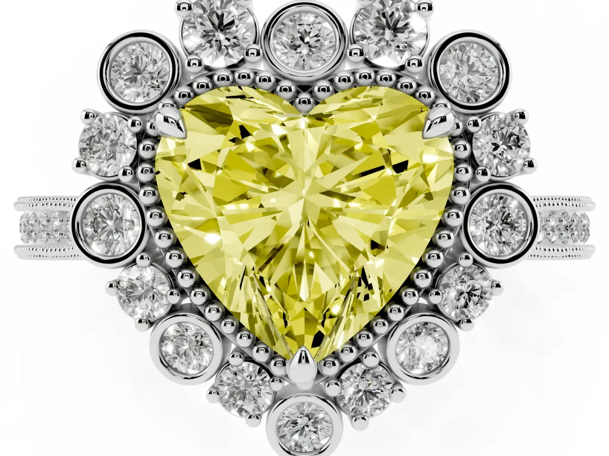 Fancy Yellow Heart Cut Halo Milgrain Pave Diamond Ring with Four-Prong Setting Silver