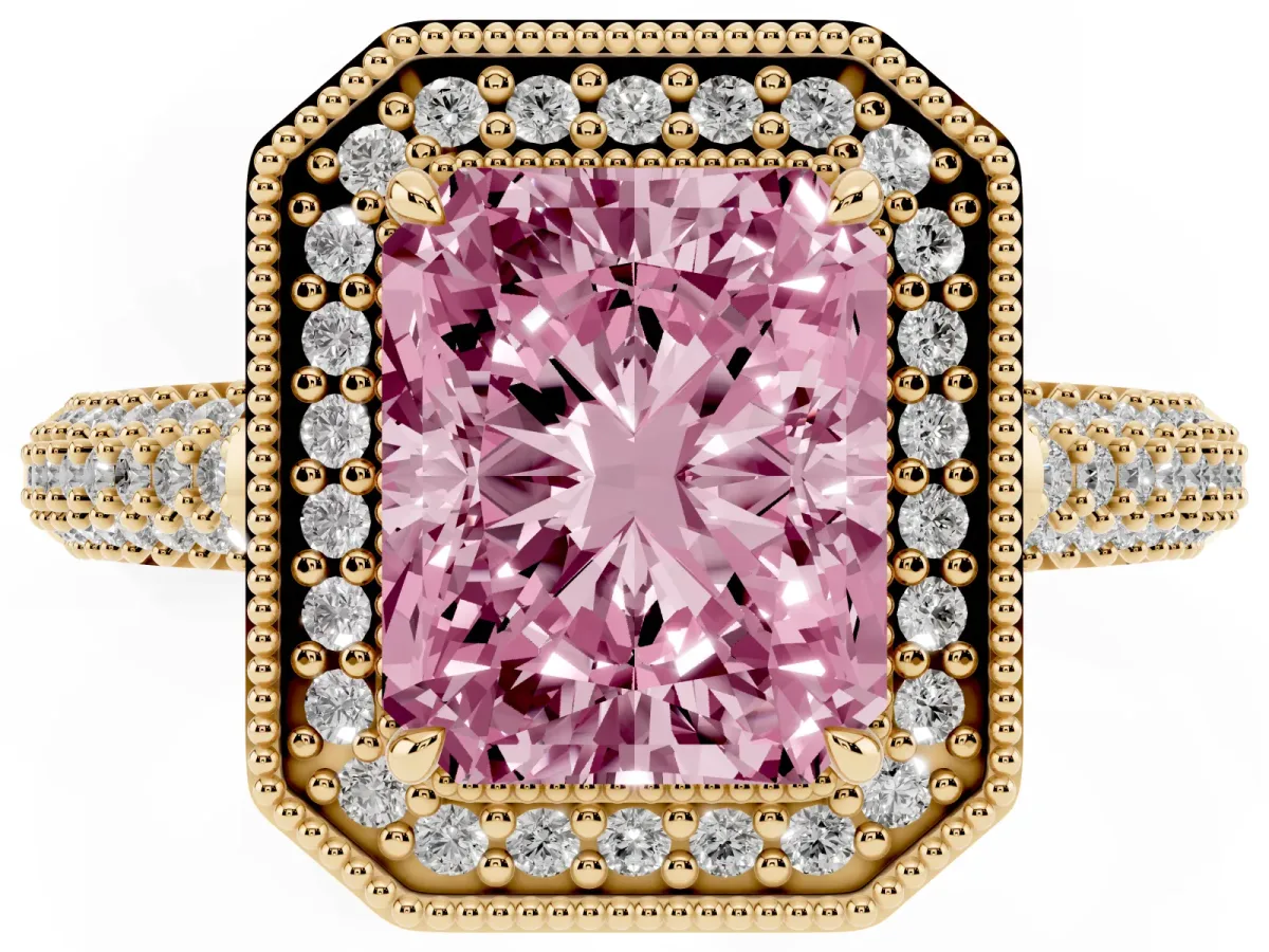 Fancy Pink Radiant Cut Cut Halo Diamond Pave Band with Four-Prong Setting Yellow gold