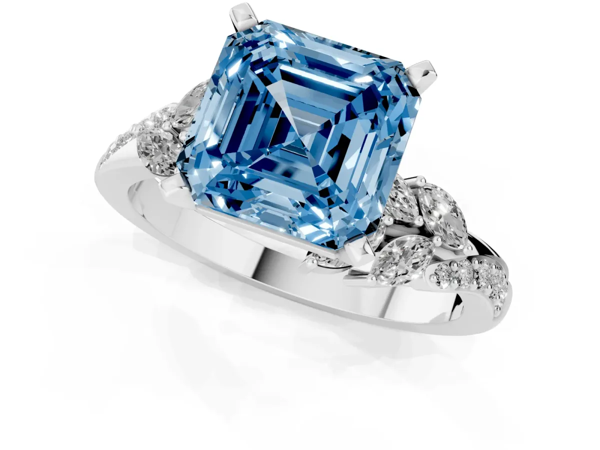 Fancy Blue Asscher Cut Solitaire Marquise Twist Band with Six-Prong Setting Silver