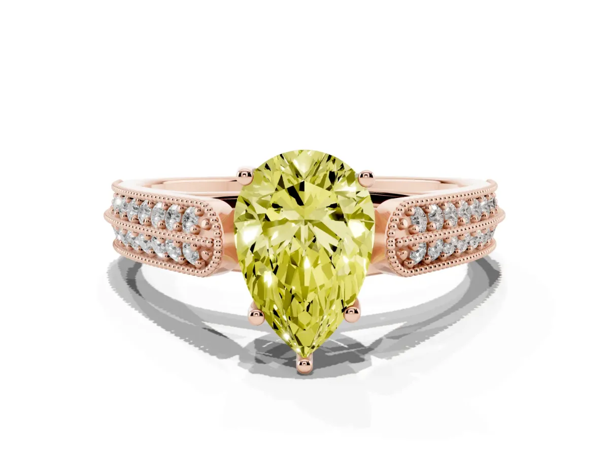 Fancy Yellow Pear Cut Cut Pave Split Shank Engagement Ring with Four-Prong Setting Rose gold