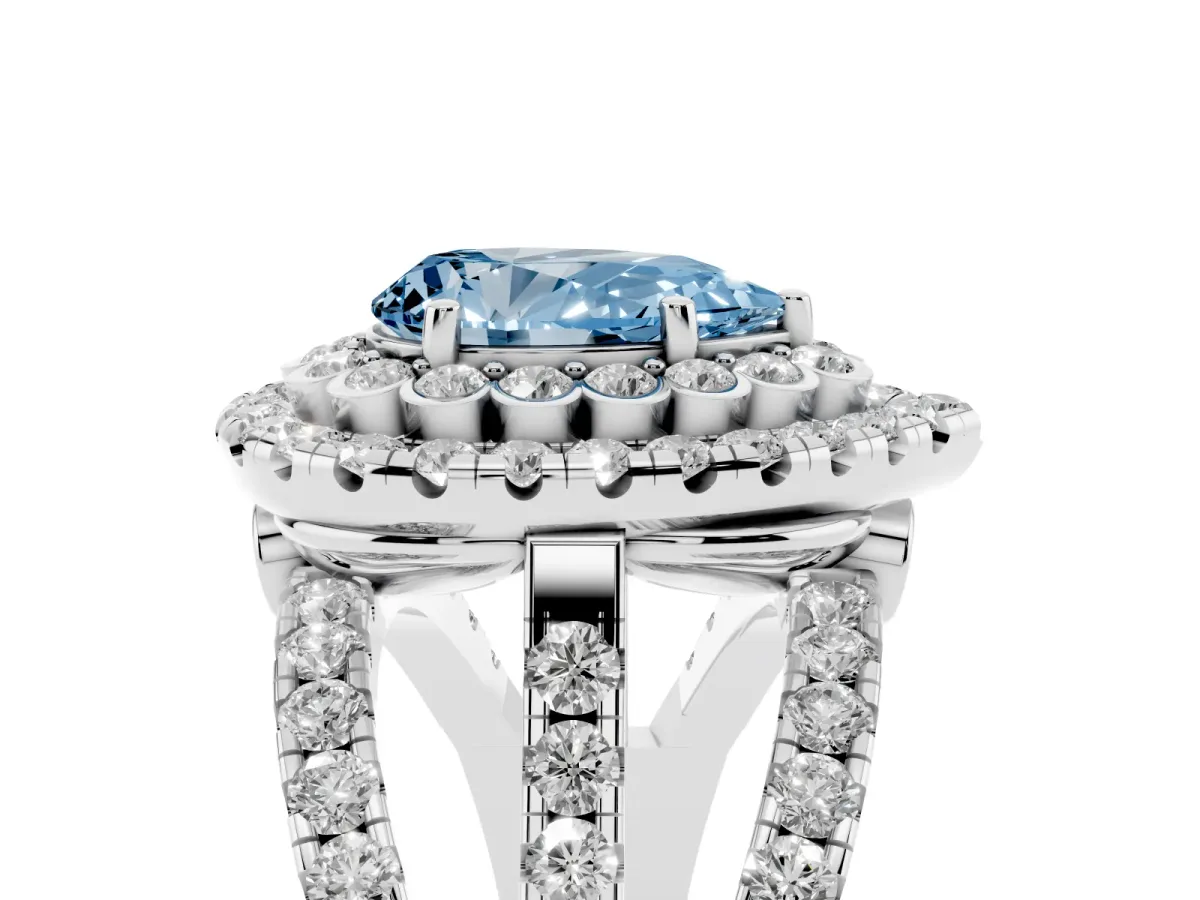 Fancy Blue Pear Cut Diamond Double Halo Ring with Round Pavé Split Shank and Prong Setting Silver
