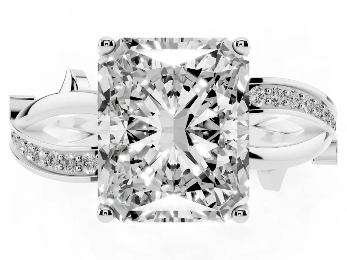 Radiant Cut Solitaire Twist Band with Pavé Accents and Four-Prong Setting White gold