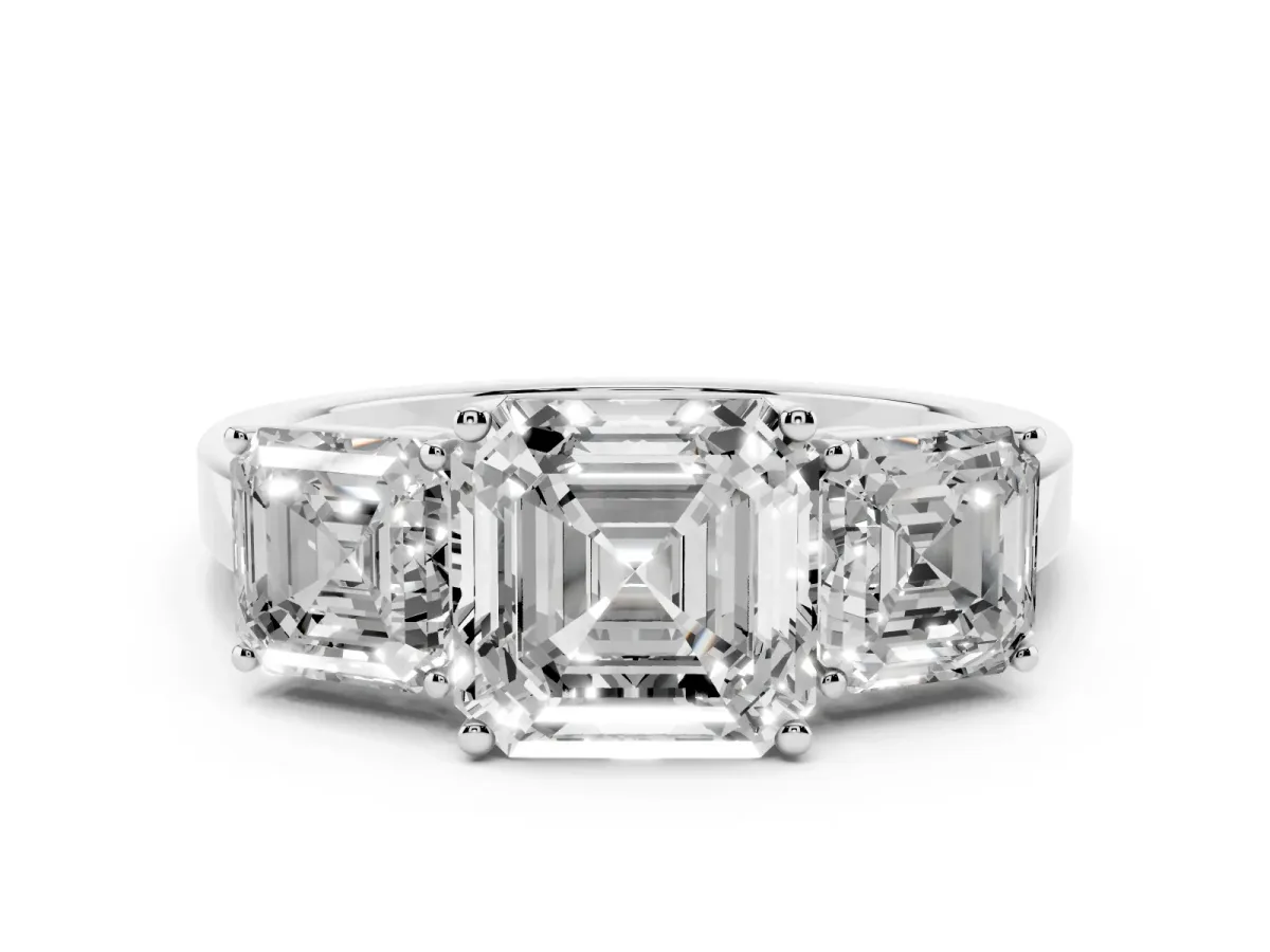 Three-Stone Asscher Cut Cut Diamond Engagement Ring with Flat Band and Four-Prong Setting Platinum
