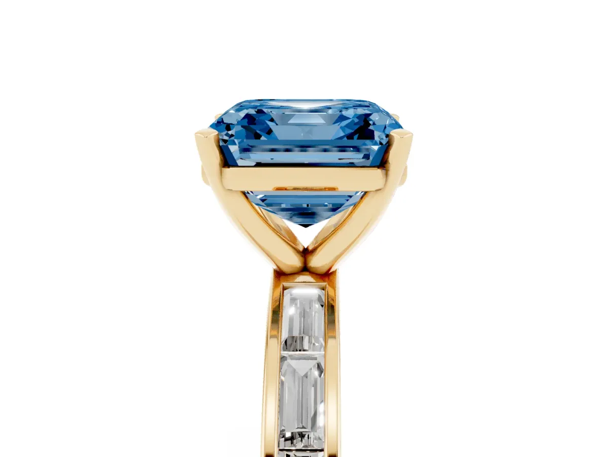 Fancy Blue Asscher Cut Solitaire Diamond Ring with Channel-Set Baguette Band and Four-Prong Setting Yellow gold