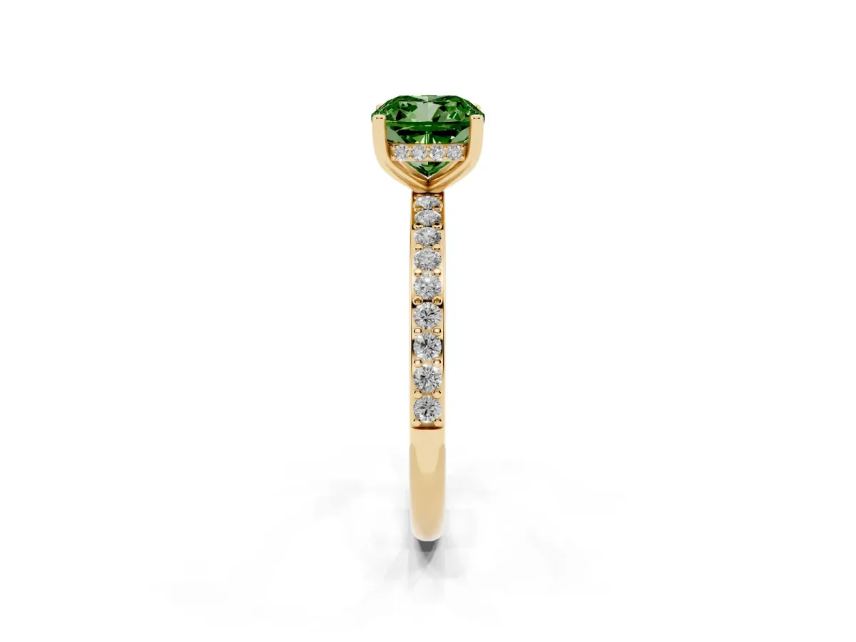 Fancy Green Cushion Cut Cut Diamond Pavé Band Ring with Four-Prong Setting Yellow gold