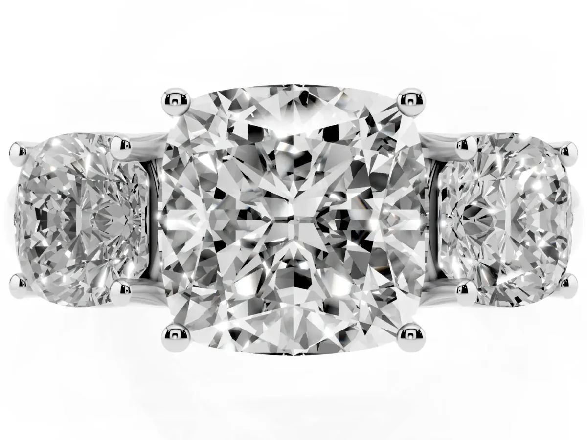 Three-Stone Cushion Cut Diamond Engagement Ring with Prong Setting Silver