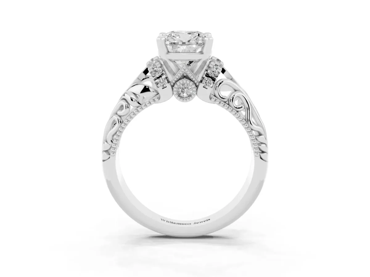Cushion Cut Solitaire Filigree Engagement Ring with Halo and Prong Setting Silver