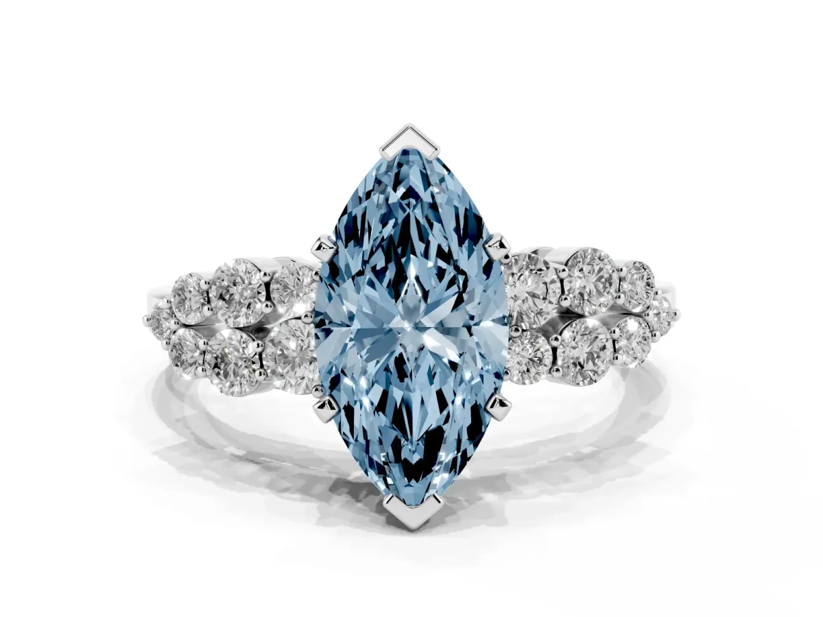 Fancy Blue Marquise Cut Cluster Diamond Engagement Ring with Pavé Band and Four-Prong Setting Silver