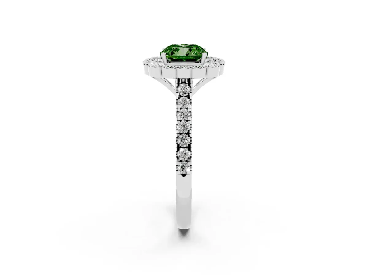 Fancy Green Cushion Cut Cut Diamond Milgrain Floral Halo Engagement Ring with Pavé Band Silver