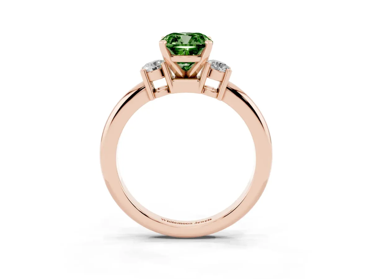 Fancy Green Three-Stone Cushion Cut Cut Diamond Solitaire with Prong Setting and Classic Band Rose gold