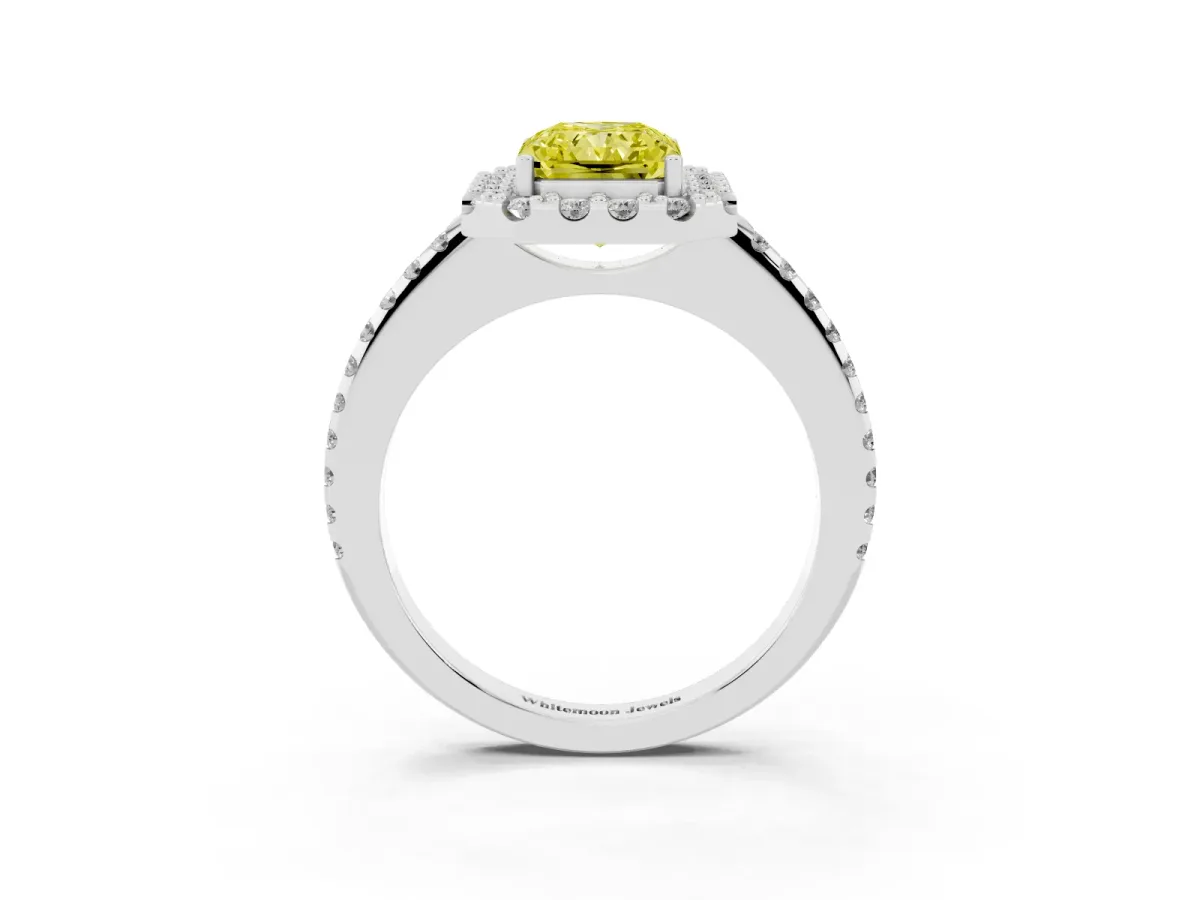 Fancy Yellow Radiant Cut Diamond Pavé Halo Ring with Four-Prong Setting Silver