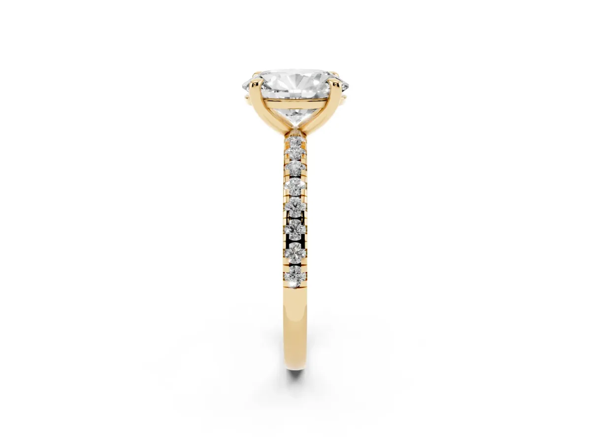 Oval Cut Diamond Brilliant Solitaire Ring with Pavé Band and Four-Prong Setting Yellow gold