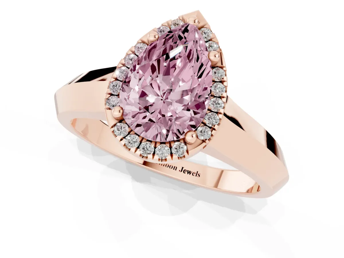 Fancy Pink Pear Cut Halo Diamond Ring with Cathedral Band and Four-Prong Setting Rose gold