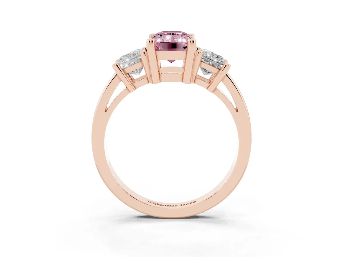 Fancy Pink Three-Stone Emerald Cut Cut Solitaire Ring with Prong Setting Rose gold