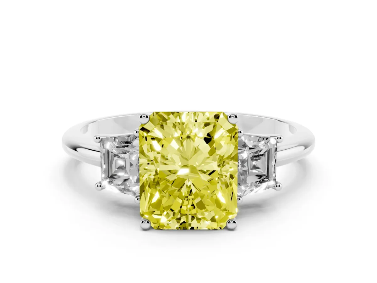 Fancy Yellow Radiant Cut Diamond Three-Stone Ring with Trapezoid Side Stones and Prong Setting Silver