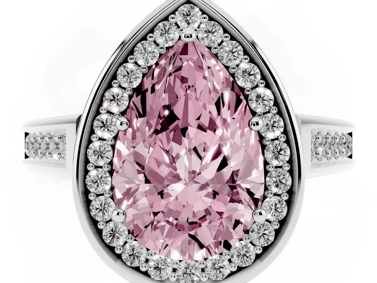 Fancy Pink Pear Cut Halo Solitaire Diamond Ring with Pave Band and Bezel Setting Silver